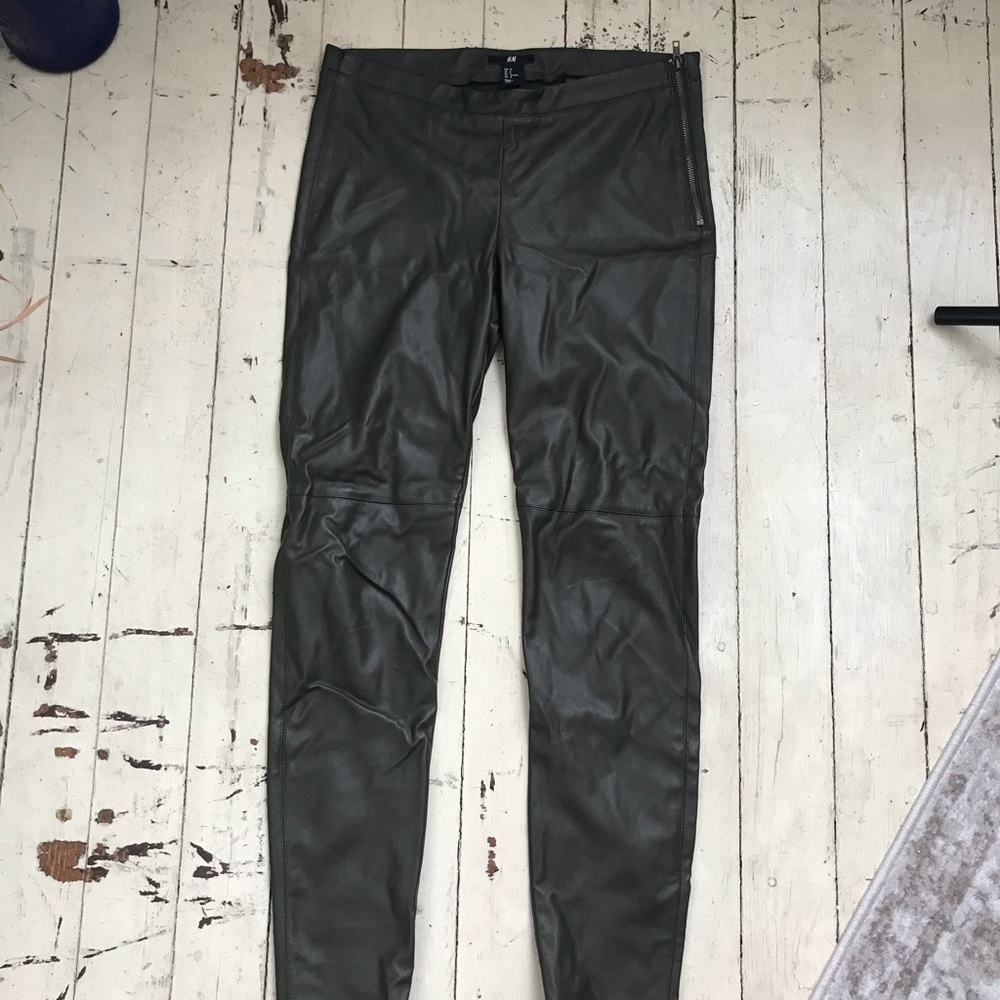 Imitation leather pants, olive green